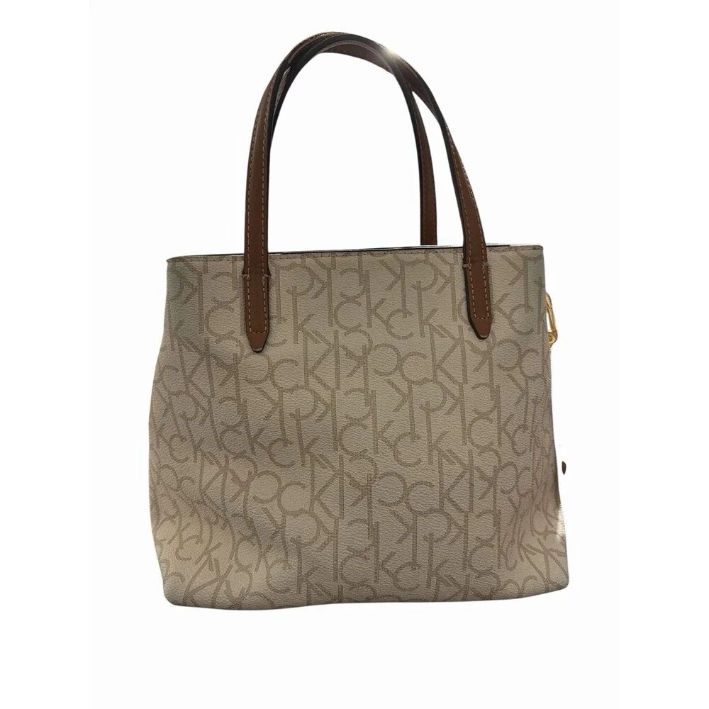Calvin‎ Klein Signature Monogram Satchel Crossbody Beige Brown Zip Bag